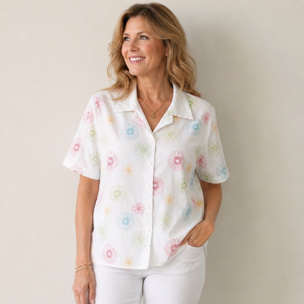 Alfred Dunner Shirt Womens 18 White‎ Floral Embroidered Button Up Short Sleeve